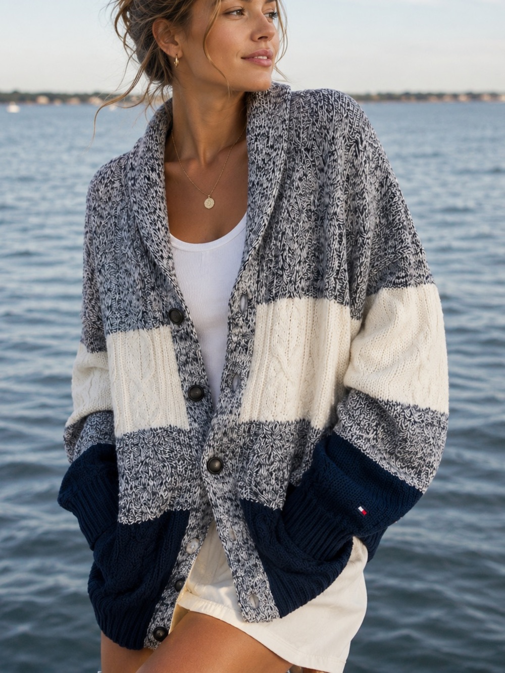 Tommy Hilfiger Oversized Shawl Collar Cardigan Cable Knit Sweater Colorblock